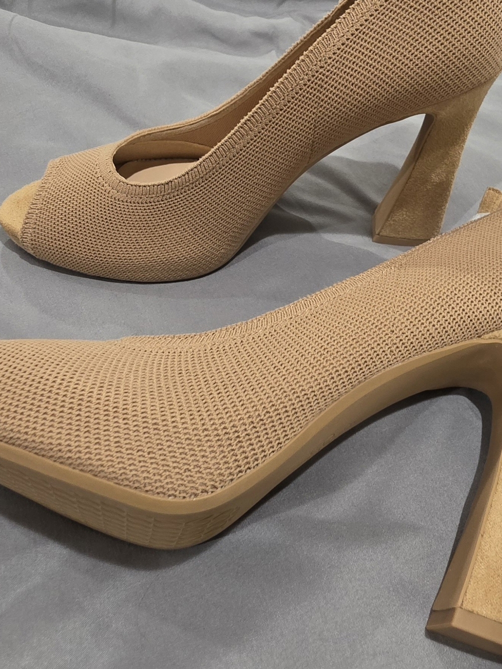 Women’s Beige Knit Peep-Toe Block Heel Pumps